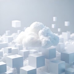 An abstract concept of cloud computing represented by floating cubes
