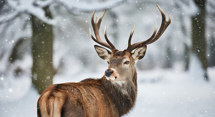 Red Deer Stag Looking Back in Heavy Winter Snowfall