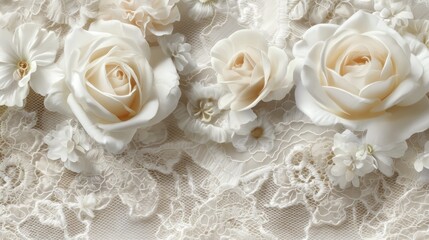 A white lace fabric with a floral pattern, featuring white roses and other flowers, set against a white background with a subtle lace border.