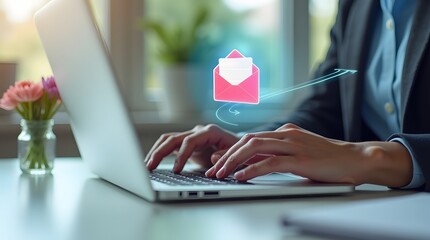 Email Marketing and Digital Communication A Close-up of Hands Typing on a Laptop with a Floating Email Icon Represents Technology