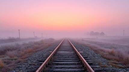 Obraz premium A foggy railway track stretching into the distance, with a pink and purple sky above and a field of grass and trees on either side.