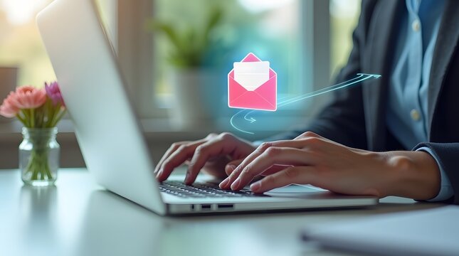Email Marketing and Digital Communication A Close-up of Hands Typing on a Laptop with a Floating Email Icon Represents Technology