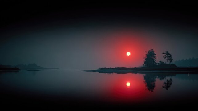 A serene, misty sunset over a tranquil lake with a lone tree on the shore, reflecting the vibrant red sun in the water. - Powered by Adobe