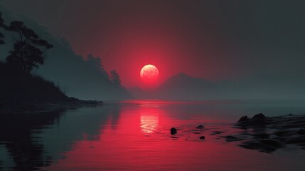 A red and pink moon rises over a misty mountain range, casting a warm glow over a tranquil lake with rocks and trees in the foreground. 