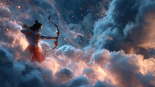 Mythical warrior aiming arrow amidst dramatic clouds and lightning