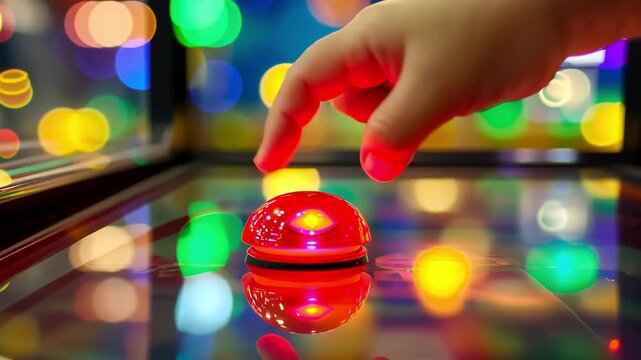 Child's hand about to press a bright red arcade game button, fun and exciting.