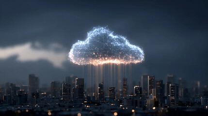 Digital Cloud Over Smart City, Futuristic Cloud Computing Concept, Data Rain Over Urban Skyline
