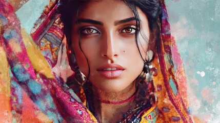 Portrait of Woman in Colorful Traditional Attire with Intense Gaze