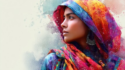 Colorful portrait of a woman in vibrant traditional attire with artistic background