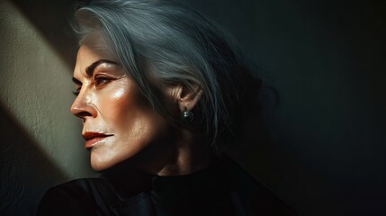 Elegant mature woman with silver hair in dramatic lighting