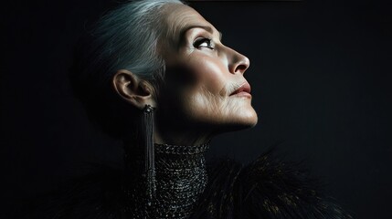 Elegant mature woman posing in dramatic low-key lighting portrait
