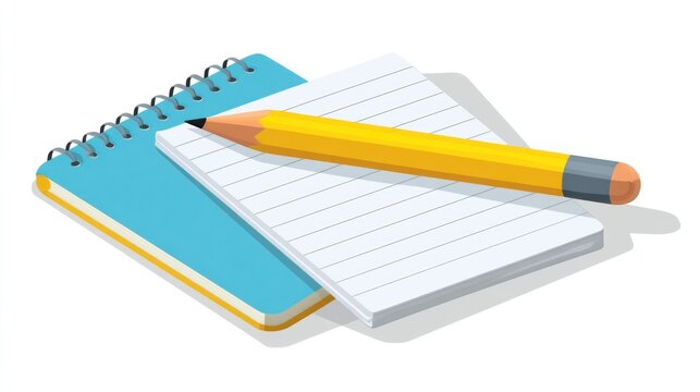 A blue spiral-bound notebook with a yellow pencil on top, placed on a white surface with a shadow.