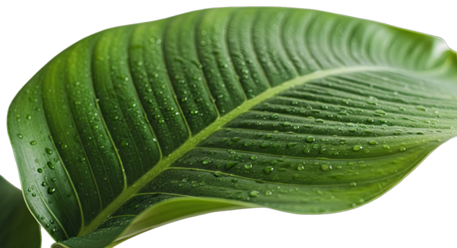 Vibrant Green Leaf with Water Droplets on Transparent Background Macro Photography Detailed Texture