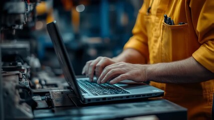 Industrial worker using laptop in factory for programming and monitoring machines