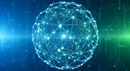Abstract glowing blue digital network sphere with interconnected nodes and lines on a dark background