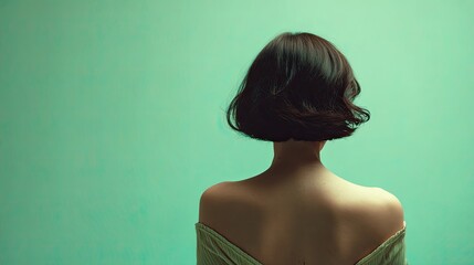 Woman with short hair against a soft green background