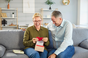 Happy senior people at home holding red heart love symbol, care expression, showing romantic moment feeling, sharing Valentine day emotion, loving male, female elder couple celebrate romance holiday