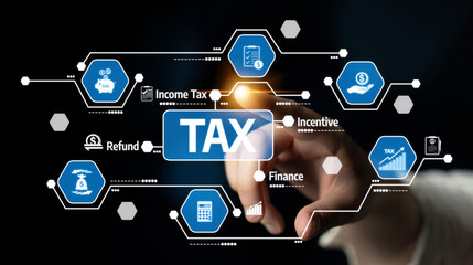 Explore a digital concept that illustrates the dynamic interaction of tax management, highlighting income tax, refunds, and incentives in a modern finance environment. Tessel