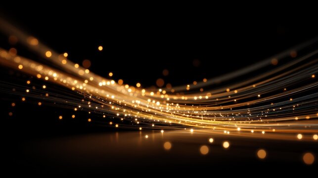 Golden light trails and glowing particles against a black background, creating a dynamic and abstract visual effect.