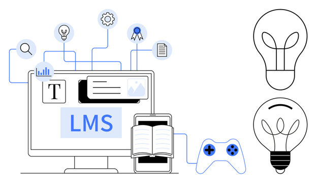 Computer monitor with LMS interface, book, gaming controller, and lightbulbs connected by lines. Ideal for education, e-learning, innovation, training technology creativity strategy. Simple flat