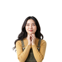 Fototapeta premium Hopeful young Asian woman holding hands under her chin with a sweet and innocent expression, isolated transparent background.