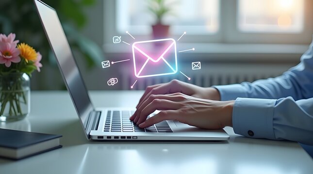 Email Marketing and Digital Communication A Close-Up Perspective of Hands Typing on a Laptop with an Email Icon