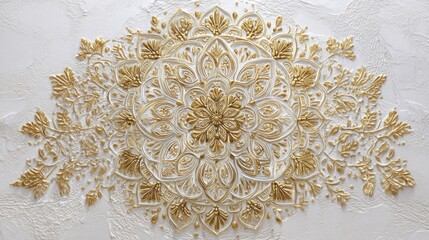 A detailed, ornate, gold and white floral mandala design on a textured white wall, with intricate floral patterns and a golden border.