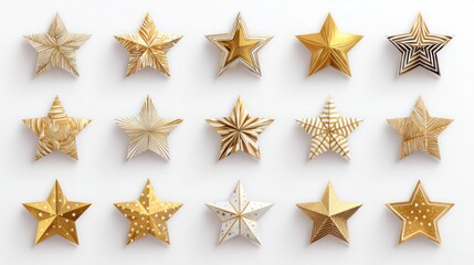A collection of gold and silver star ornaments, arranged in a grid pattern on a white background.