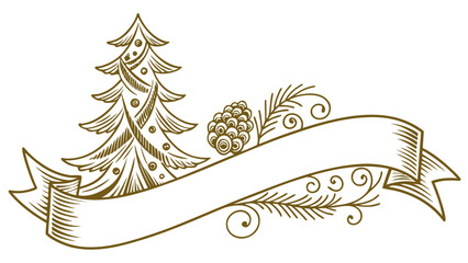 Christmas tree and pine cone on a banner with decorative elements in a vintage style illustration