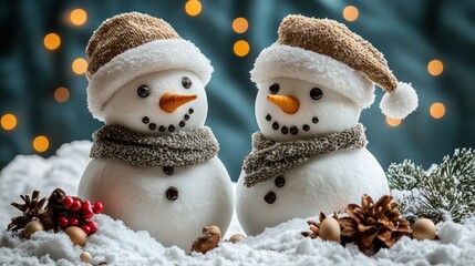 Two charming snowmen, adorned with winter hats and scarves, sit in a snowy scene with Christmas decorations.