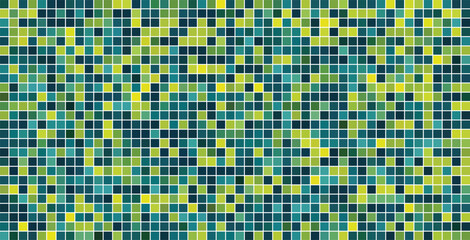 Green and blue color pixelated grid with geometric square shapes as abstract background