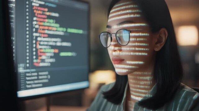 Portrait of Asian Female Startup Digital Entrepreneur Working on Computer, Line of Code Projected on His Face and Reflecting. Software Developer Working on Innovative e-Commerce App using AI, Big Data