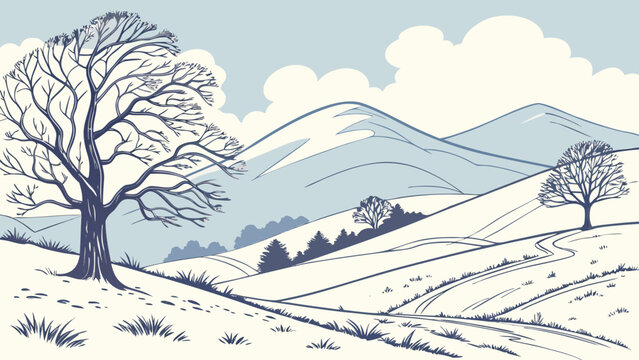 Illustration of a winter landscape with bare trees hills and clouds in a serene color palette