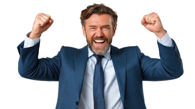 Success's Embrace: An exuberant, well-dressed individual radiates joy and triumph, fists clenched in a victorious pose against the background. 