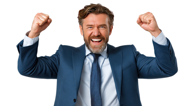 Success's Embrace: An exuberant, well-dressed individual radiates joy and triumph, fists clenched in a victorious pose against the background. 
