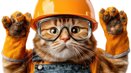 The Construction Cat: A charming ginger cat, fully geared up in a safety helmet, protective glasses, and work gloves, ready for a day of construction work.