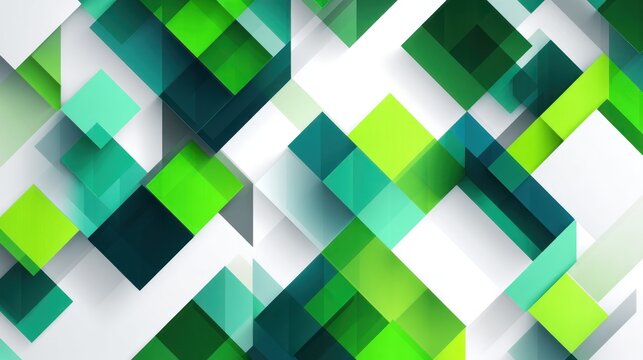 A colorful geometric pattern with green and blue squares on a white background, featuring a mix of shapes and textures.