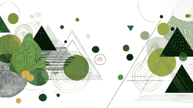 Abstract geometric shapes and green circles on a white background with a black border.