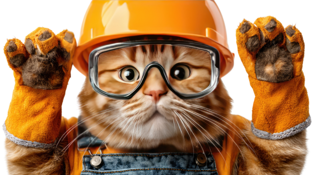 The Construction Cat: A charming ginger cat, fully geared up in a safety helmet, protective glasses, and work gloves, ready for a day of construction work.