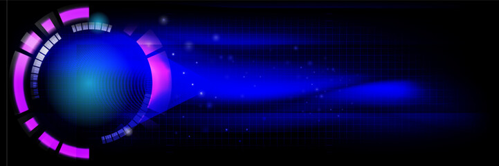 Futuristic blue technology background with glowing circle and abstract digital network, modern neon design concept for innovation, AI, and digital transformation themes.
