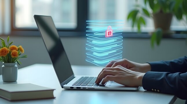 A detailed closeup of a professional's hands typing on a laptop keyboard, managing and securing sensitive digital documents with a glowing holographic lock icon