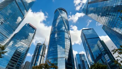 Towering glass skyscrapers reflect the sky