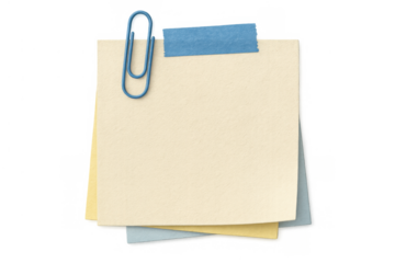 Stack of blank sticky notes secured by a blue paper clip and masking tape, ready for custom text and concepts, transparent