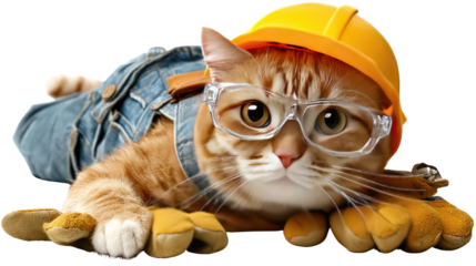 Construction Cat: A ginger cat equipped with a safety helmet, eyeglasses, and gloves, ready to embrace its construction tasks and projects