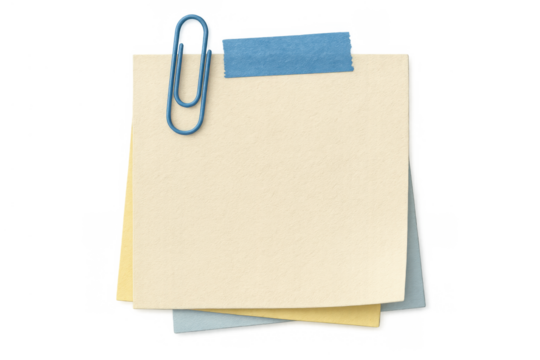 Stack of blank sticky notes secured by a blue paper clip and masking tape, ready for custom text and concepts, transparent