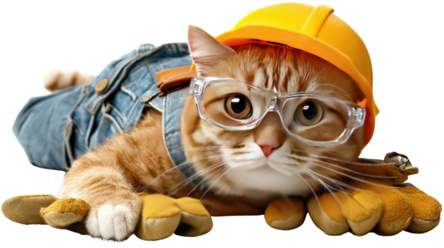 Construction Cat: A ginger cat equipped with a safety helmet, eyeglasses, and gloves, ready to embrace its construction tasks and projects