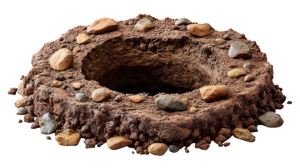 Hole in the Ground: An evocative shot of a hole in the ground, revealing layers of earth and scattered stones. This image captures the essence of geological curiosity and natural discovery.