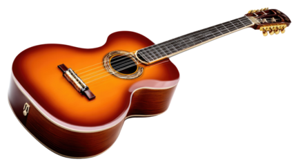 Classic Acoustic Guitar: a beautifully crafted acoustic guitar, showcasing its elegant curves, rich wood grain, and intricate details, inviting a symphony of sound.