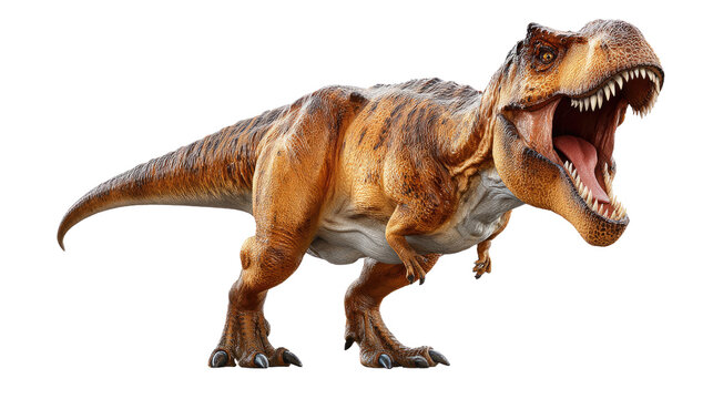 Tyrannosaurus Rex: A formidable Tyrannosaurus Rex roars with open jaws, a powerful image of prehistoric dominance and predatory prowess.