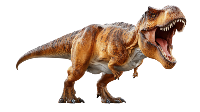 Tyrannosaurus Rex: A formidable Tyrannosaurus Rex roars with open jaws, a powerful image of prehistoric dominance and predatory prowess.